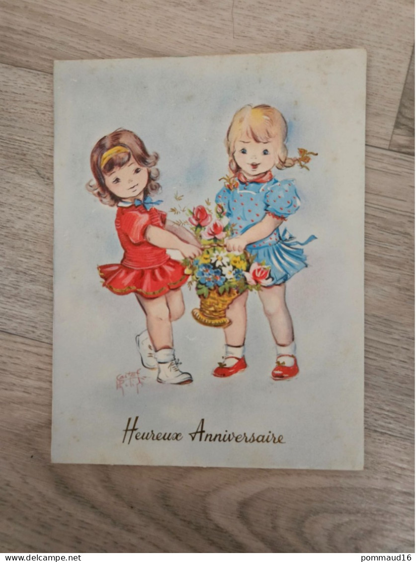 CPSM Heureux Anniversaire : Deux Petites Filles Tenant Un Panier Fleuri - Découpi - Anniversaire