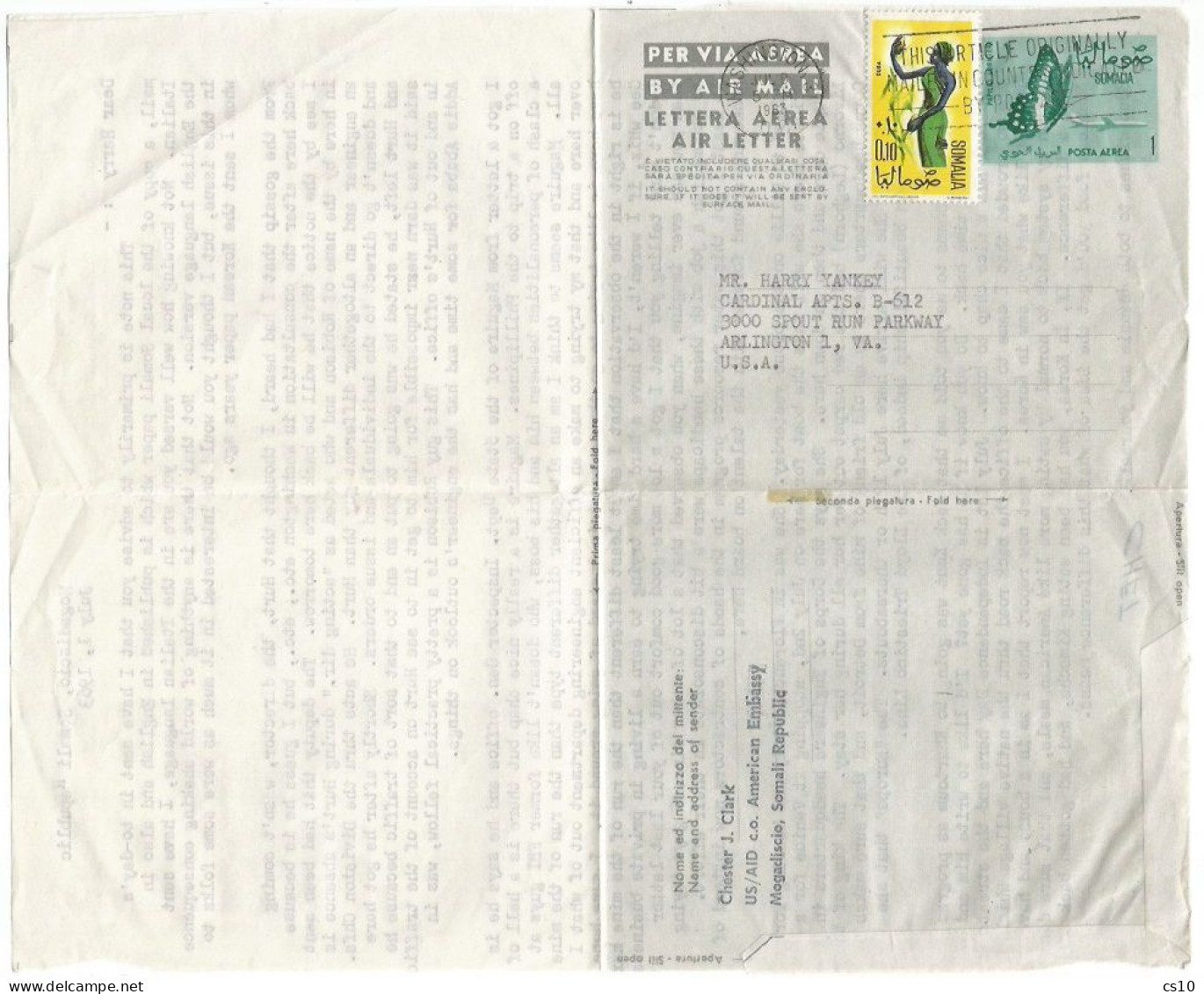 Somalia  Stationery Aerogramme Air Letter S.1 Butterfly  8jul1963 To USA Uprated With Regular S.0.10 - Somalia (1960-...)