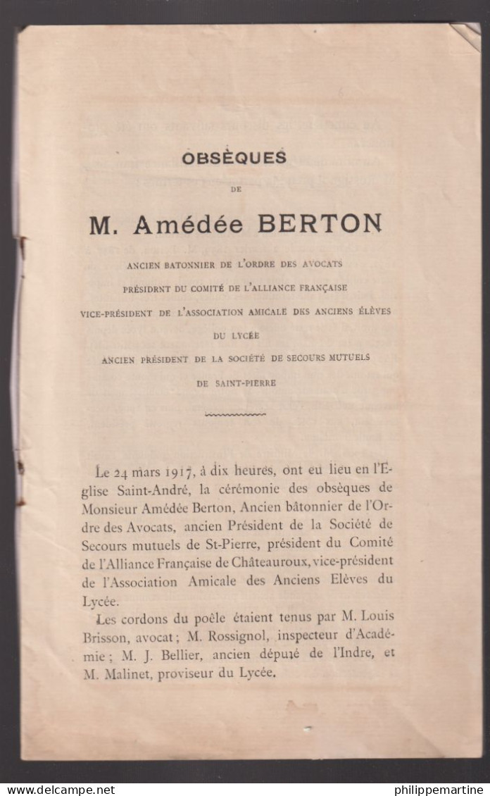 Fascicule Obsèques De M. Amédée BERTON : 2 Février 1839 - 22 Mars 1917 à Chateauroux Le 24 Mars 1917 - Historische Dokumente