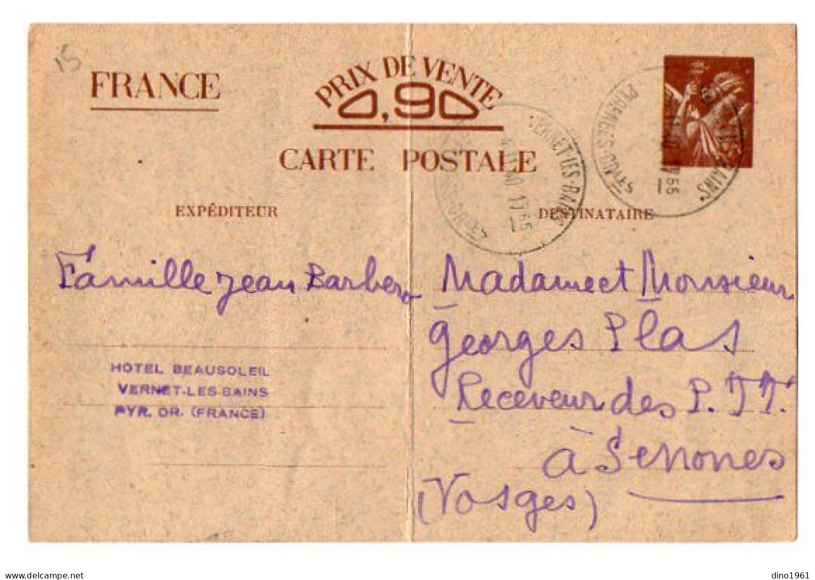 TB 4709 - 1940 - Entier Postal - M. BARBERO, Hôtel Beausoleil à VERNET - LES - BAINS Pour M. & Mme G. PLAS à SENONES - Cartes Postales Types Et TSC (avant 1995)
