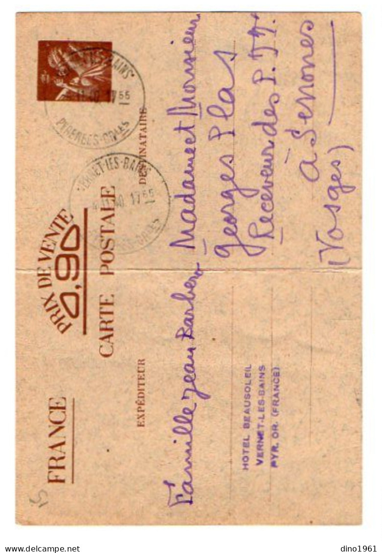 TB 4709 - 1940 - Entier Postal - M. BARBERO, Hôtel Beausoleil à VERNET - LES - BAINS Pour M. & Mme G. PLAS à SENONES - Standard Postcards & Stamped On Demand (before 1995)