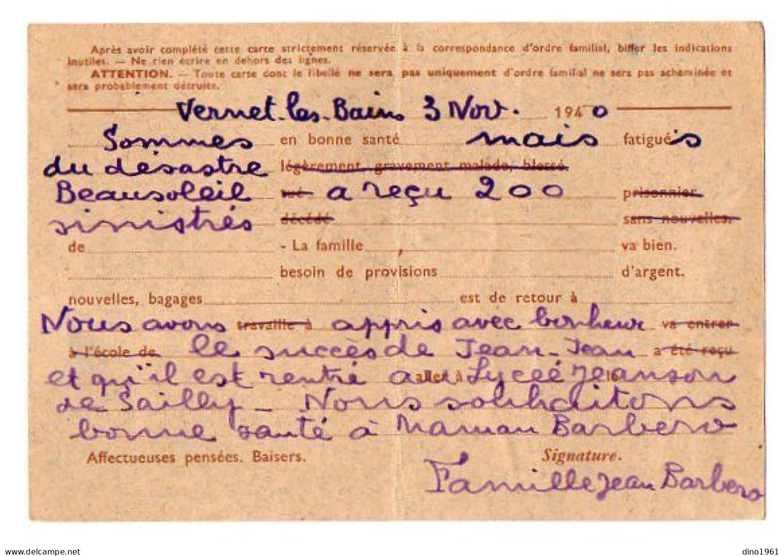 TB 4709 - 1940 - Entier Postal - M. BARBERO, Hôtel Beausoleil à VERNET - LES - BAINS Pour M. & Mme G. PLAS à SENONES - Standard Postcards & Stamped On Demand (before 1995)