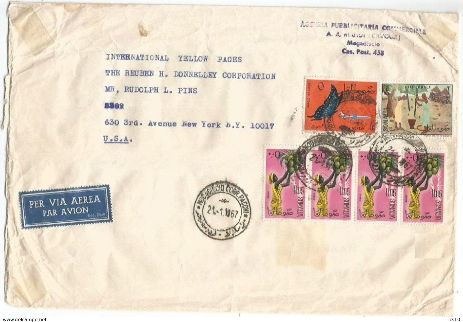 Somalia Commerce AirmailCV Mogadiscio 21jan1967 To USA With Butterfly Airpost Painting Papaia Produce Strip4 - Somalie (1960-...)