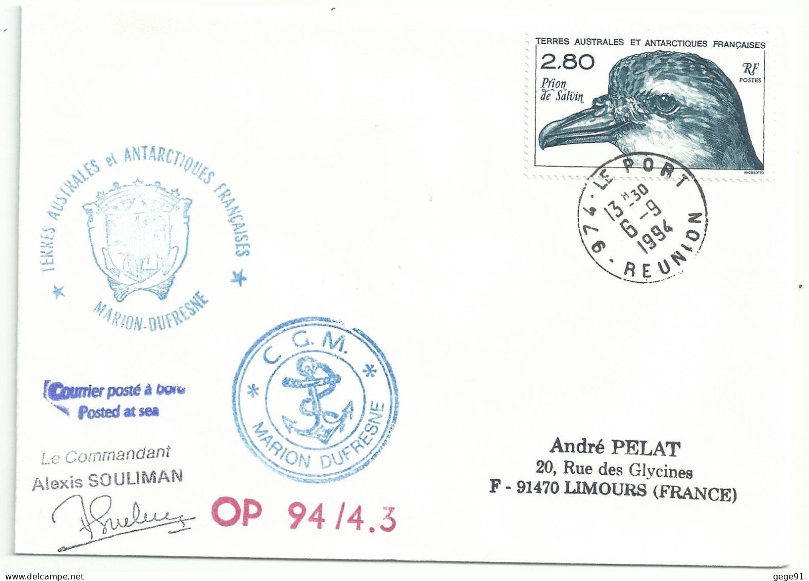 YT 189 Prion De Salvin - Posté à Bord Du MD - Le Port - La Réunion - 06/09/1994 - Brieven En Documenten