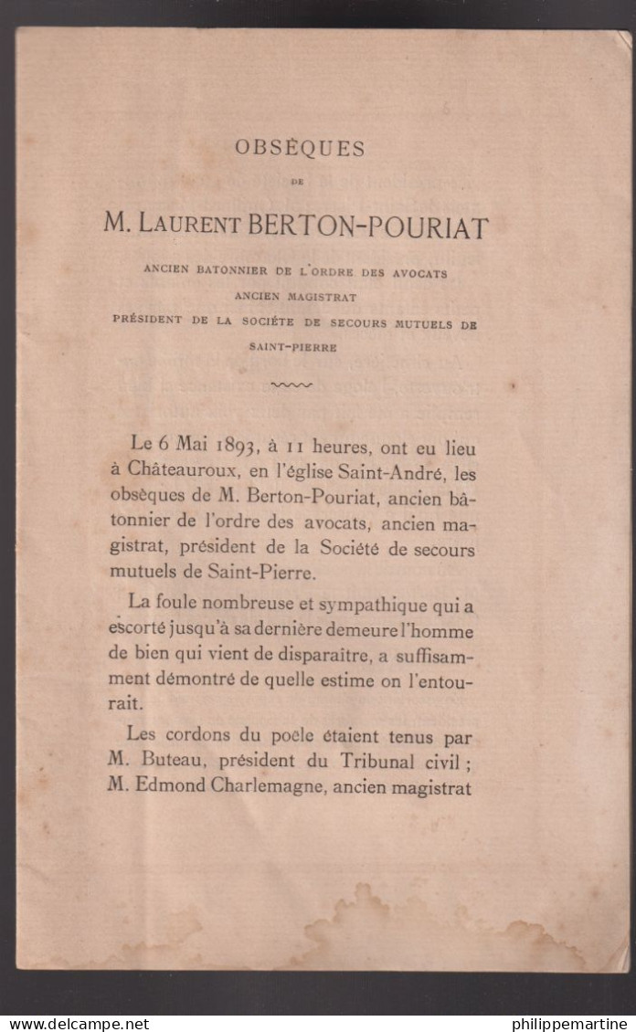 Fascicule Obsèques De Laurent BERTON-POURIAT : 6 Mai 1814 - 4 Mai 1893 à Chateauroux Le 6 Mai 1893 - Historische Dokumente