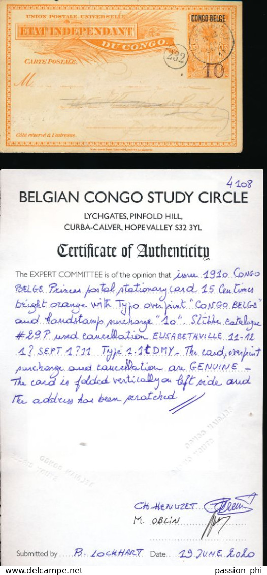 ZAC BELGIAN CONGO SBEP 29 P "PRINCES" USED FROM E/VILLE 13.09.1911 TO BRUSSELS ADDRESS CROSSED OUT CERT.BCSC - Interi Postali