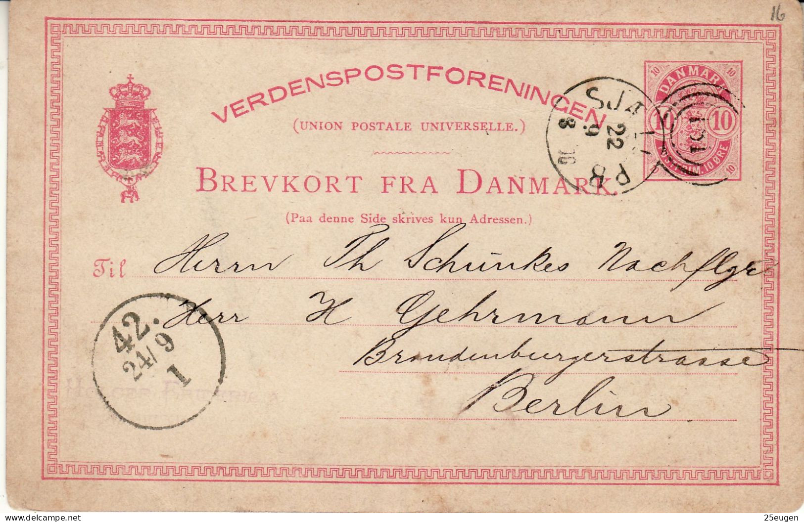 DENMARK 1883 POSTCARD MiNr P 20 SENT TO BERLIN - Postal Stationery