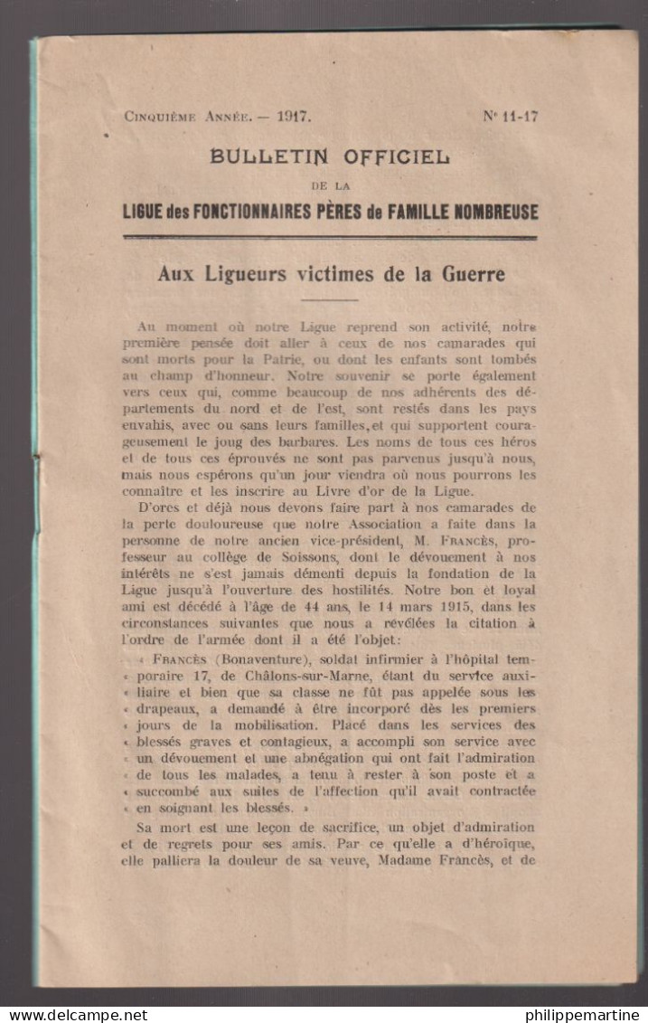 Bulletin Officiel Ligue Des Fonctionnaires Pères De Famille Nombreuse - 1917 - Droit