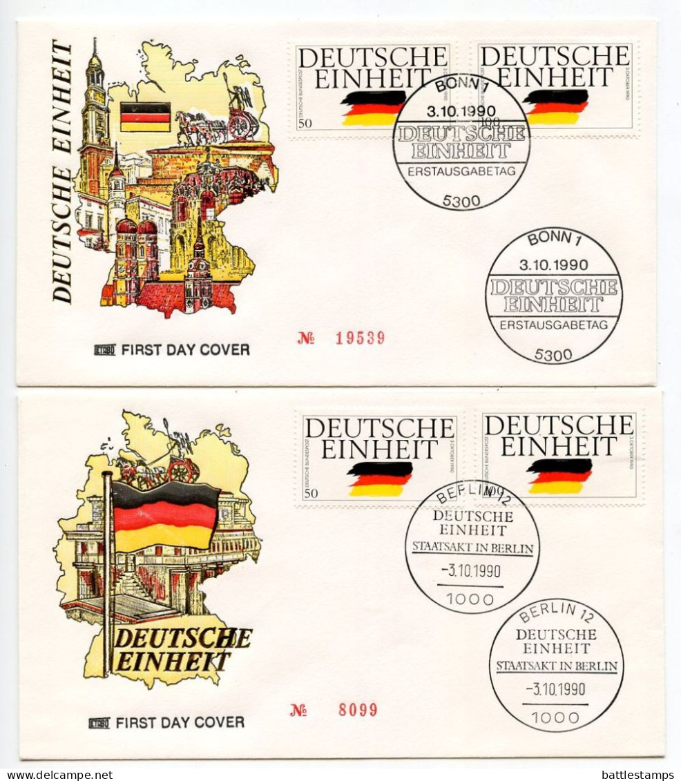 Germany 1990 2 FDCs Scott 1612-1613 German Reunification; Bonn & Berlin Postmarks - 1981-1990