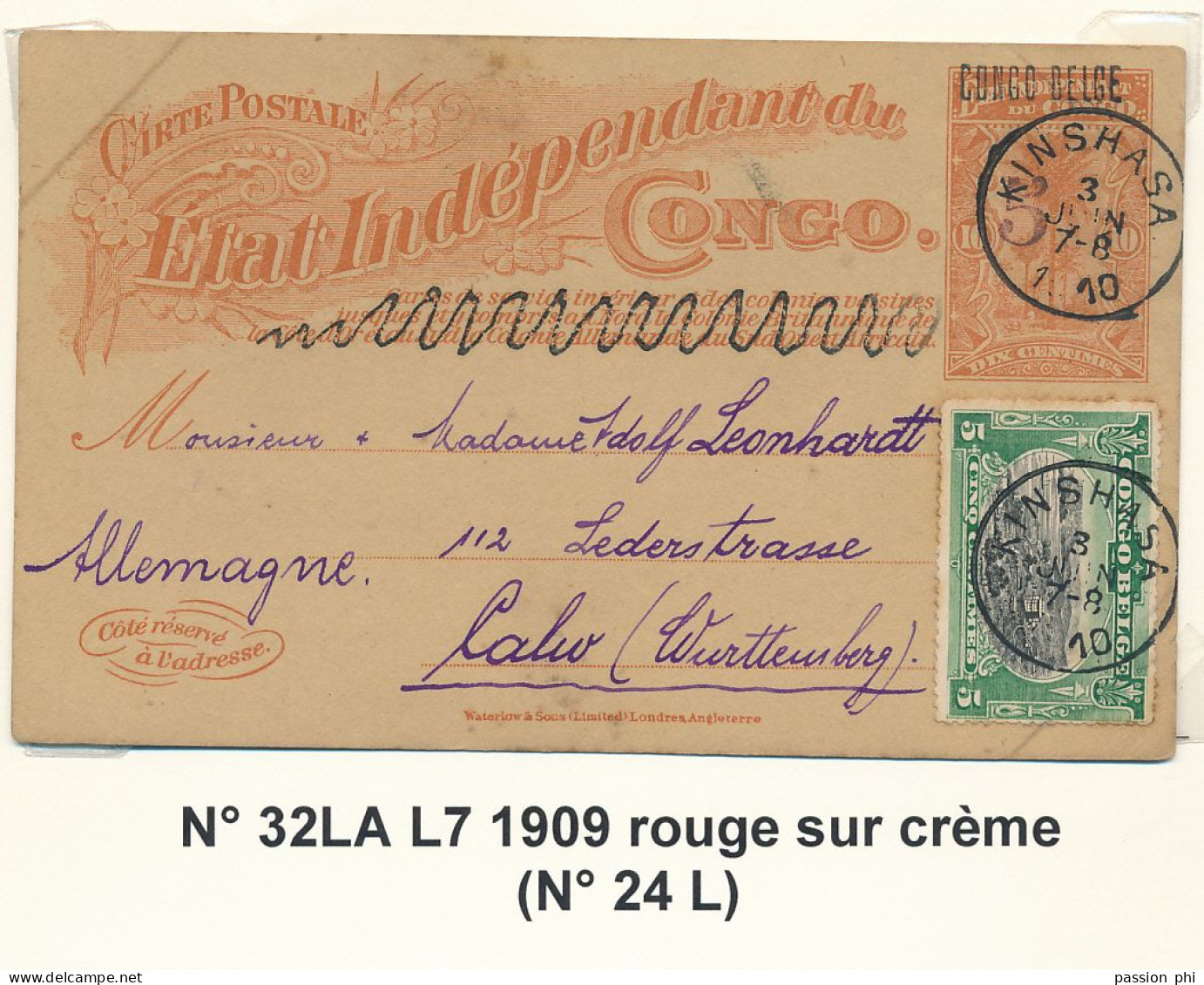 ZAC BELGIAN CONGO SBEP 32LA L7 FROM KINSHASA 03.06.1910 TO GERMANY - Enteros Postales