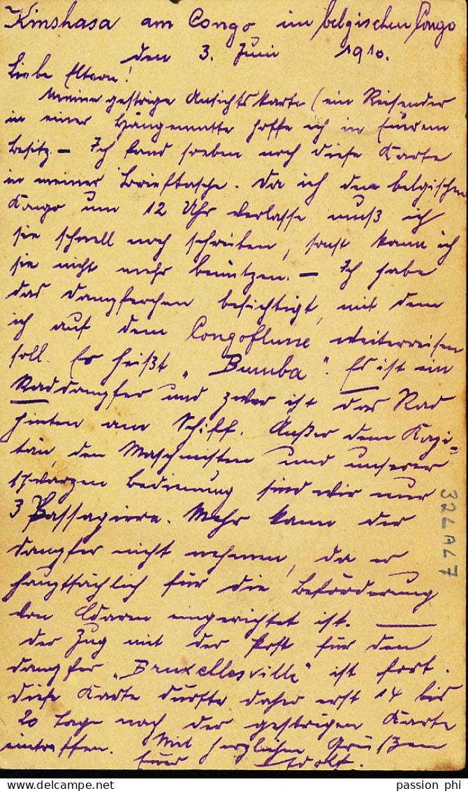 ZAC BELGIAN CONGO SBEP 32LA L7 FROM KINSHASA 03.06.1910 TO GERMANY - Ganzsachen