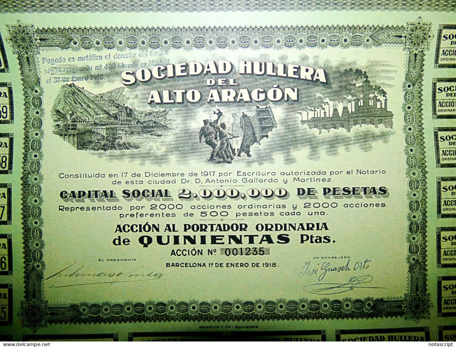 Sociedad Hullera Del Alto Aragón, (Spain) 1918 Share Certificate - Mijnen