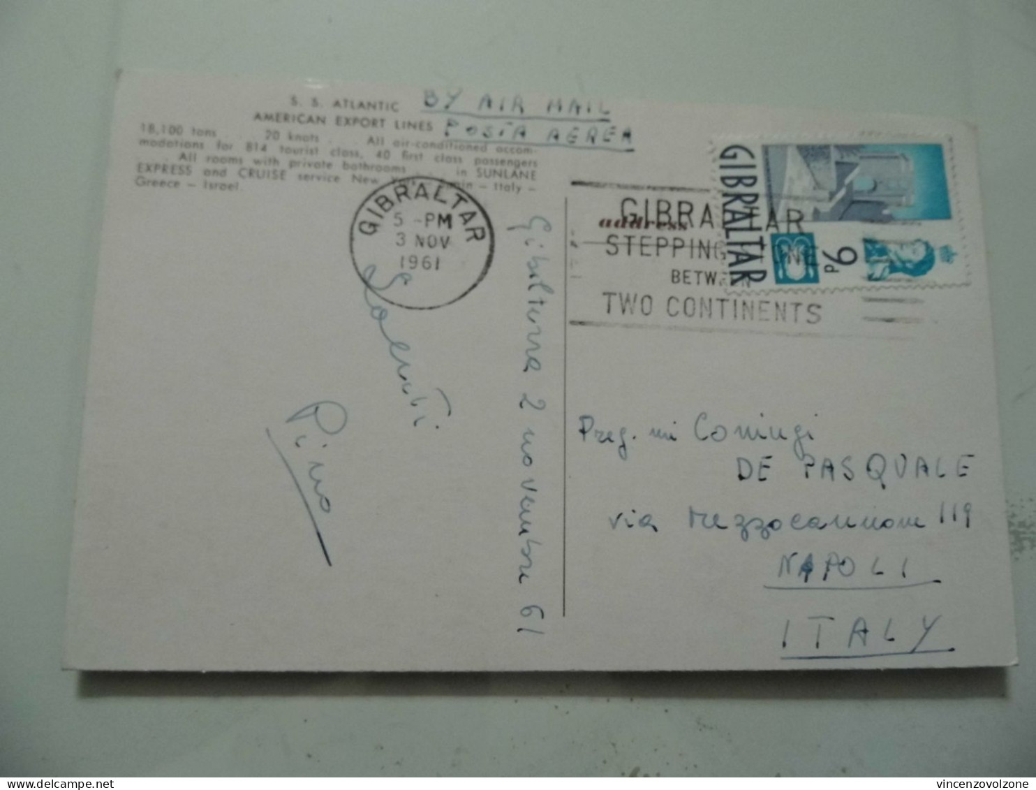 Cartolina Viaggiata "S.S. ATLANTIC - AMERICAN EXPORT LINES" 1961 - Paquebote