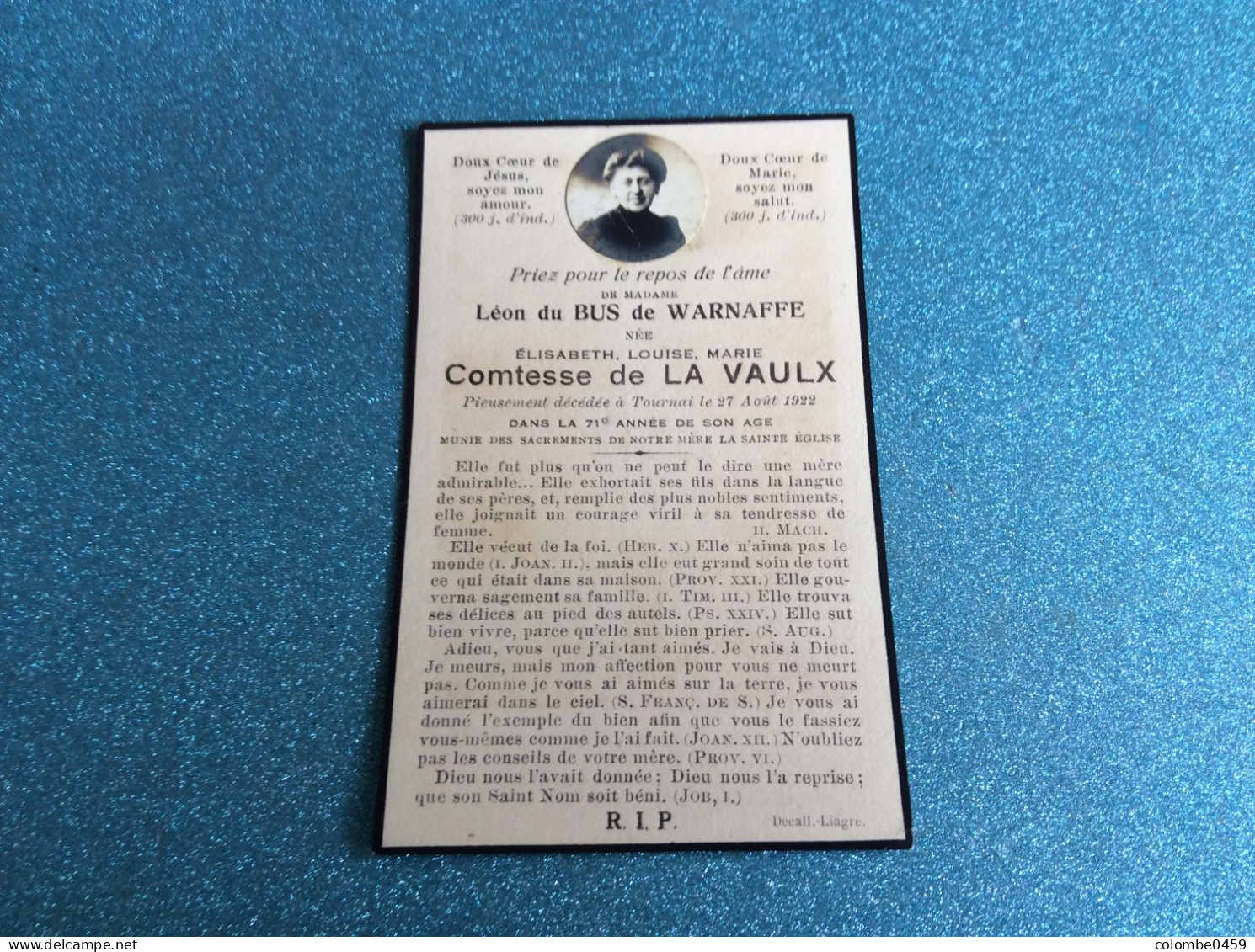 Ancien Faire-Part Décès  En 1922 De Madame Léon Du Bus De WARNAFFE Née Elisabeth COMTESSE DE LA VAULX à Tournai - Obituary Notices