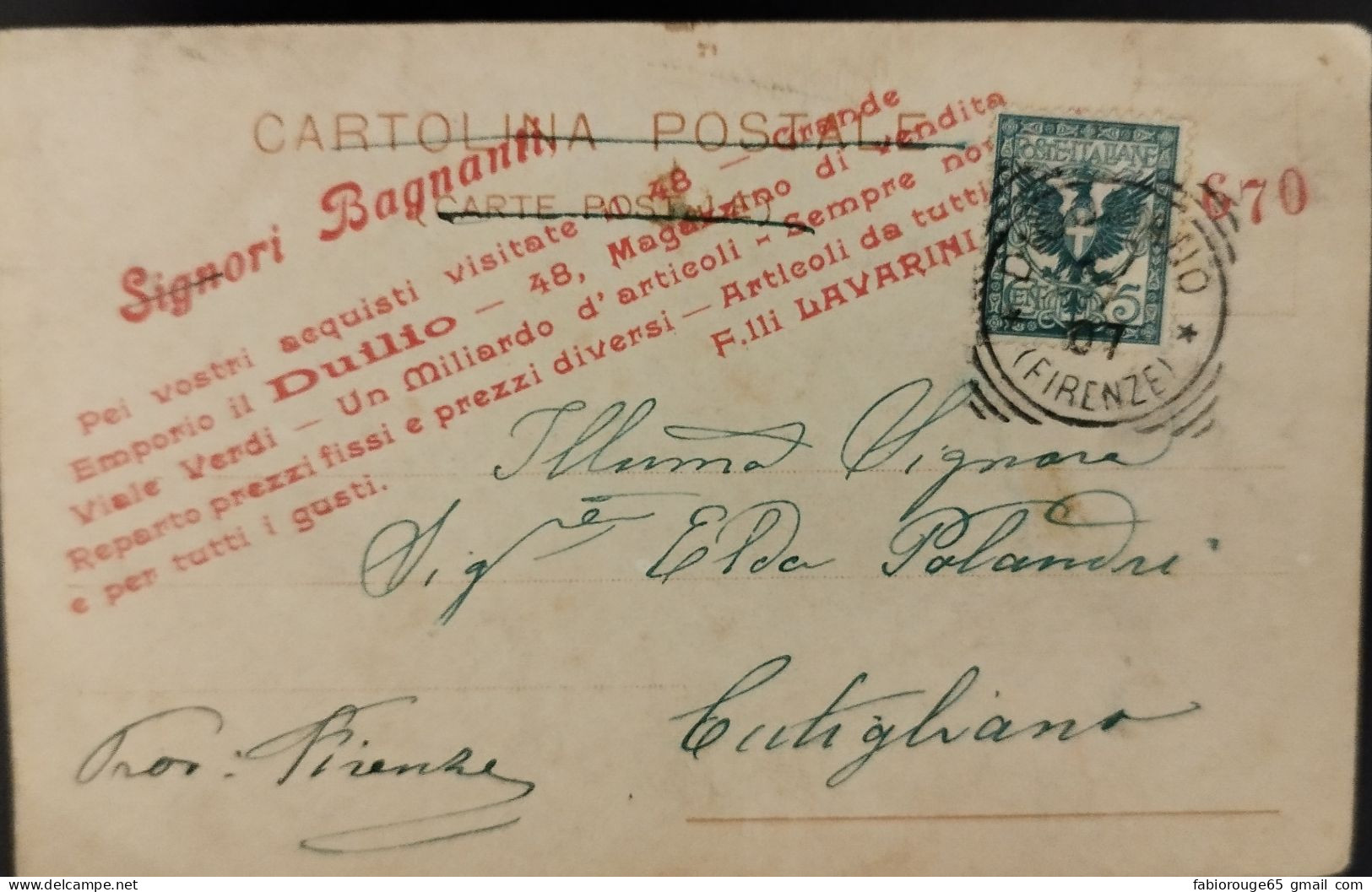 Firenze Cartolina Viaggiata1907 G. Verdi Con Stampa Autografo , Pubblicità Al Retro Dei Magazzini Duilio48. - Firenze (Florence)
