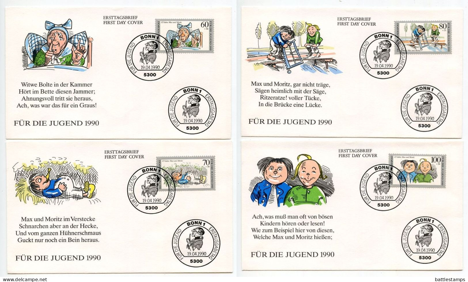 Germany, West 1990 4 FDCs Scott B689-B692 Max & Moritz By Wilhelm Busch, 125th Anniversary - 1981-1990