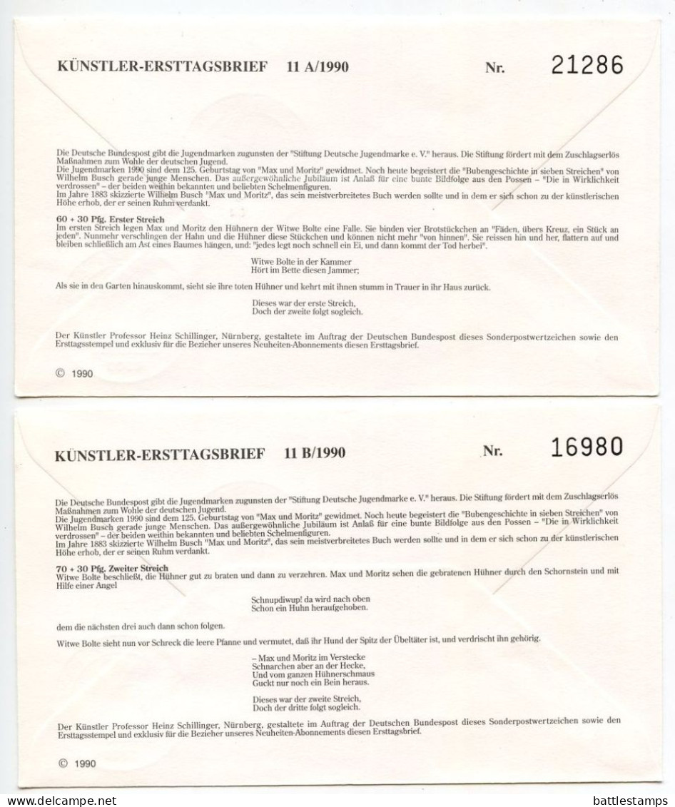 Germany, West 1990 4 FDCs Scott B689-B692 Max & Moritz By Wilhelm Busch, 125th Anniversary - 1981-1990