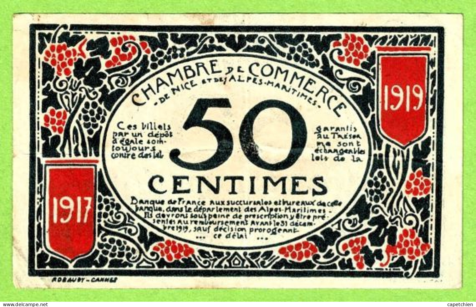 FRANCE / CHAMBRE De COMMERCE / NICE & ALPES MARITIMES / AVRIL 1917 / 50 CENTIMES / N° 22493 /  SERIE 22 / 1917-1919 - Chambre De Commerce