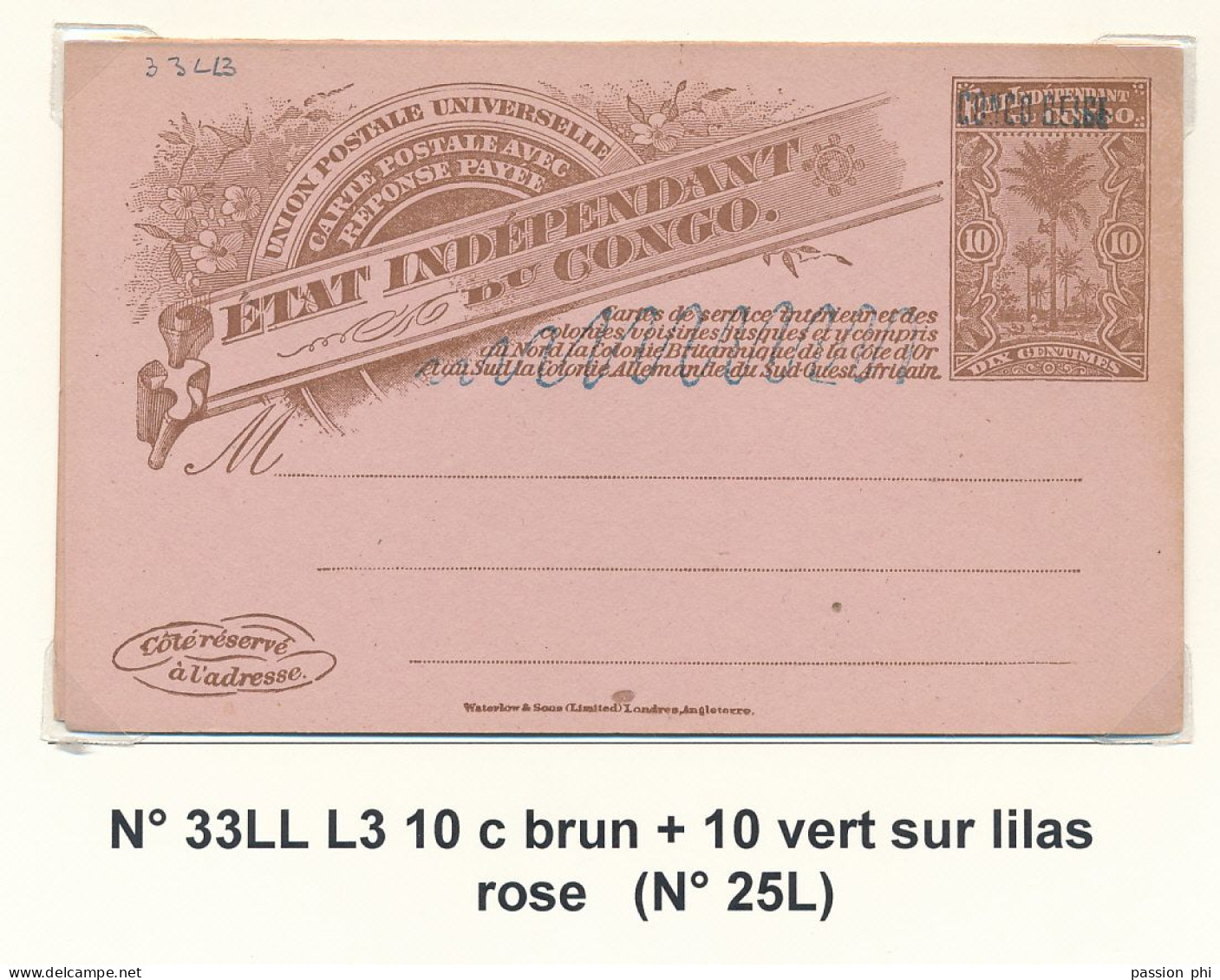 ZAC BELGIAN CONGO SBEP 33LL A L3 "BLUE WAVY LINE" UNUSED - Stamped Stationery