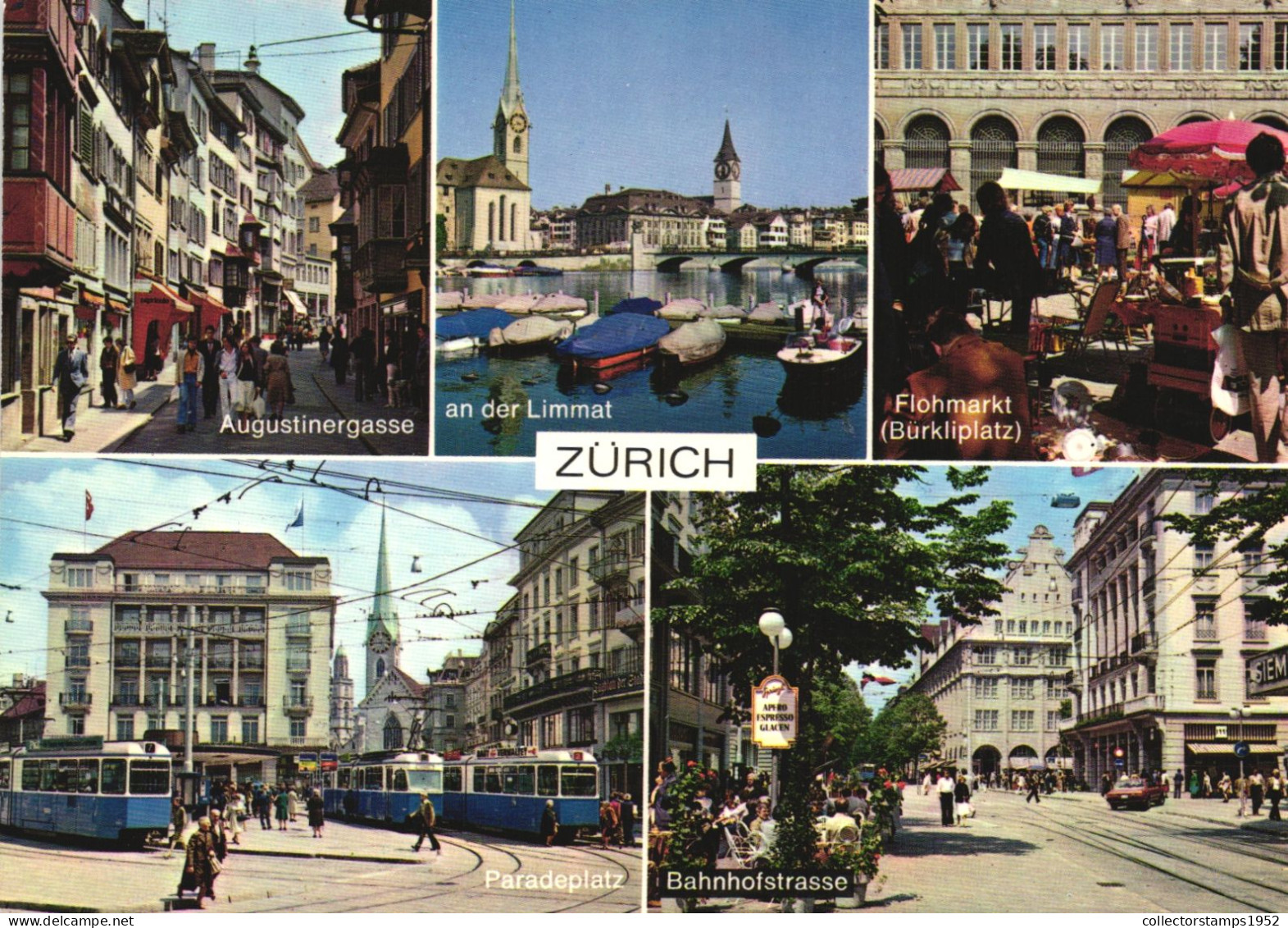 ZURICH, MULTIPLE VIEWS, ARCHITECTURE, TRAM, CAR, UMBRELLA, BOATS, BRIDGE, MARKET, SWITZERLAND, POSTCARD - Zürich