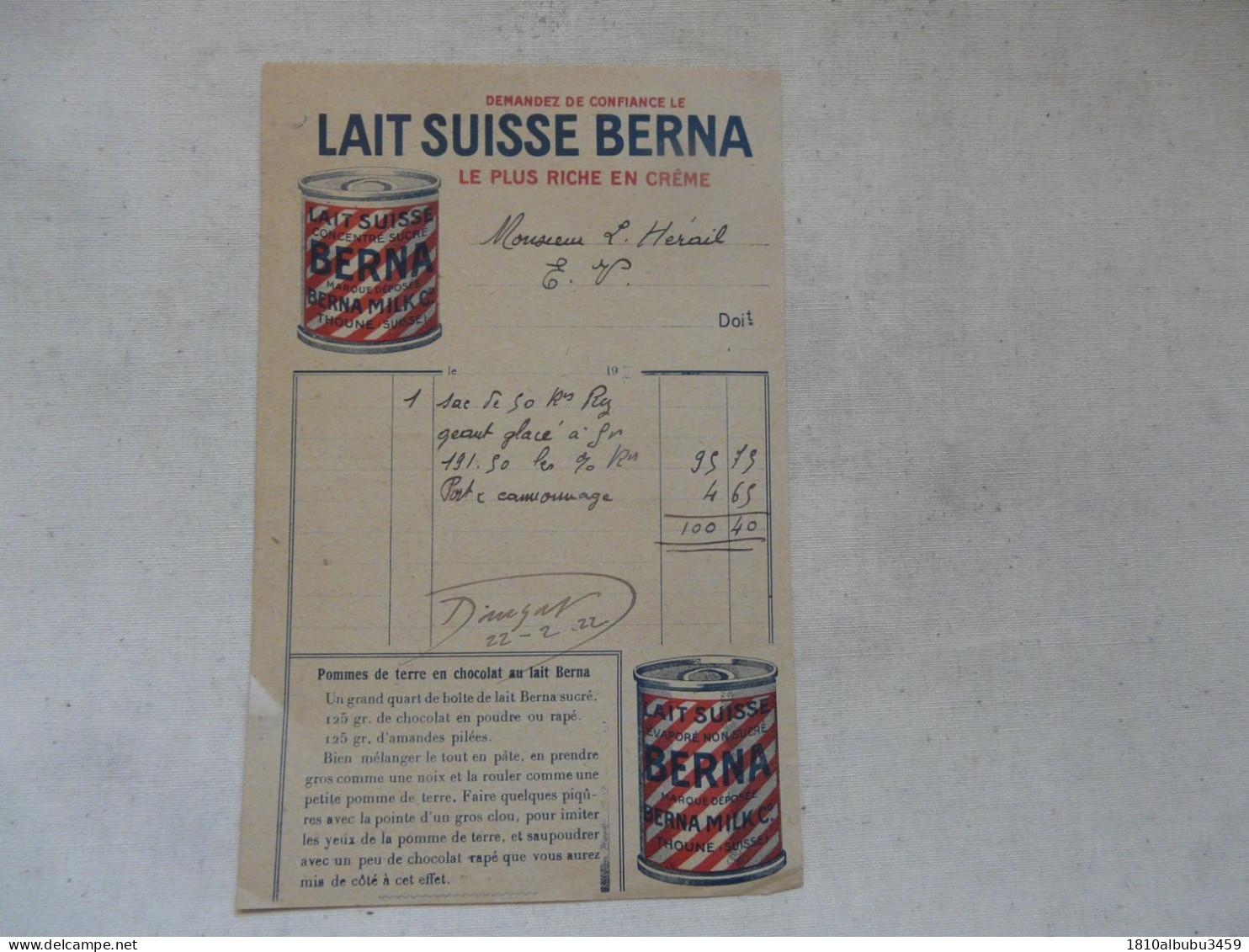 VIEUX PAPIERS - PUBLICITE : LAIT SUISSE BERNA - Advertising