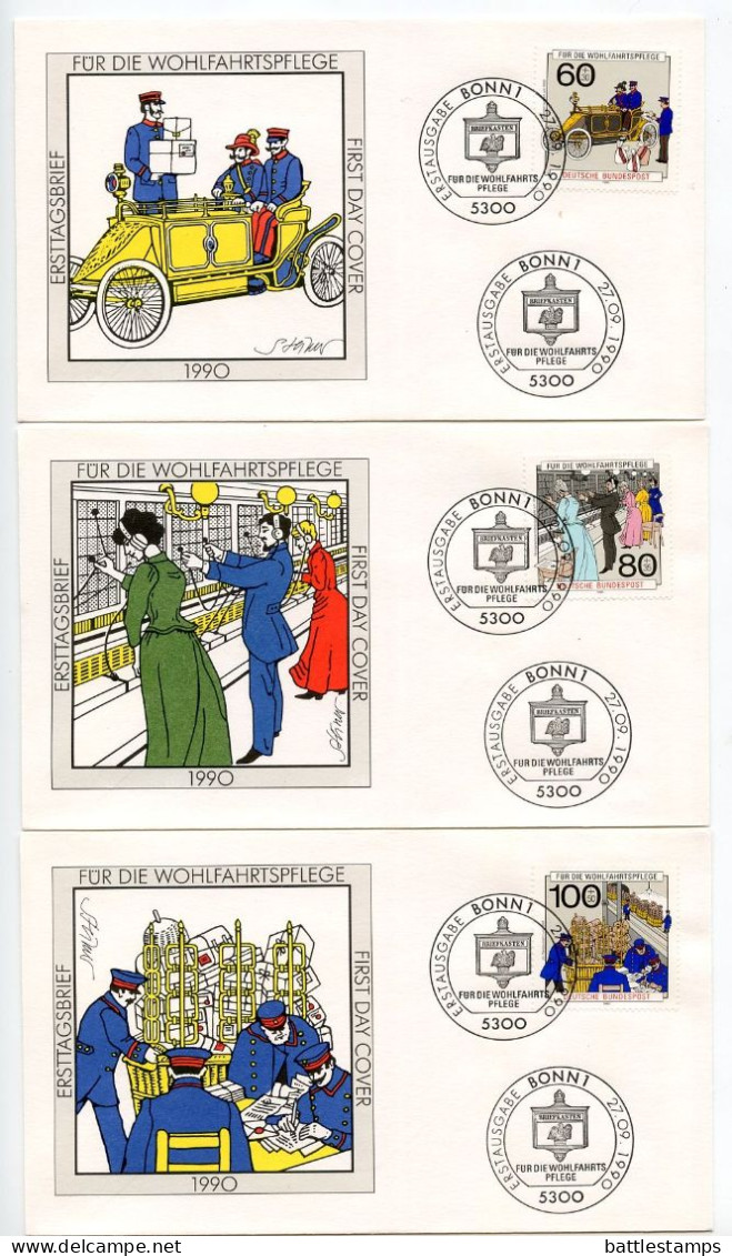 Germany 1990 3 FDCs Scott B694-B696 Post & Telecommunications - Postal Vehicle, Telephone Exchange, Post Office - 1981-1990