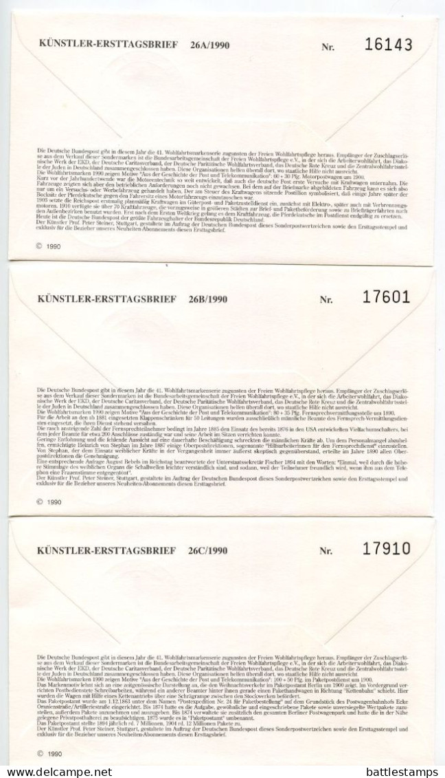 Germany 1990 3 FDCs Scott B694-B696 Post & Telecommunications - Postal Vehicle, Telephone Exchange, Post Office - 1981-1990