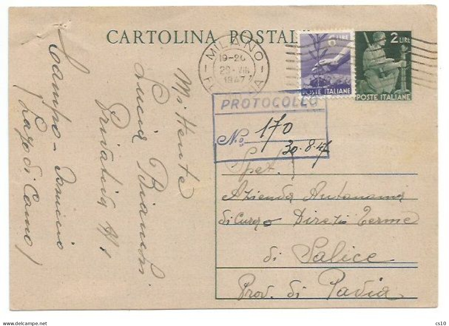 Repubblica 1946 Democratica Lire 2 CP # C130A  CARTONCINO LEGGERO Usata Milano 22ago1947 X Pavia - Stamped Stationery