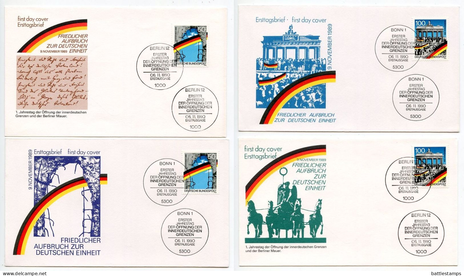 Germany 1990 4 FDCs Scott 1617-1618 Opening Of The Berlin Wall 1st Anniversary, Bonn & Berlin Postmarks - 1981-1990