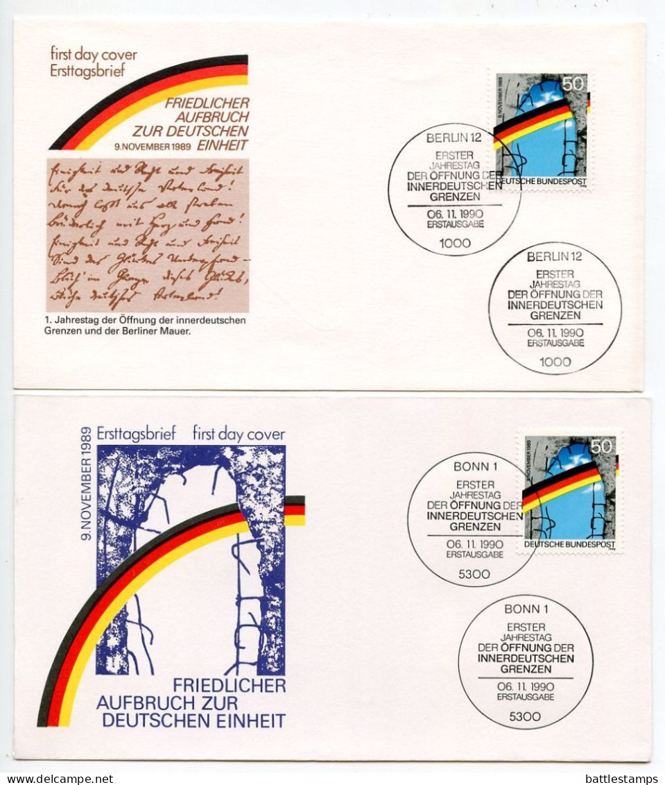 Germany 1990 4 FDCs Scott 1617-1618 Opening Of The Berlin Wall 1st Anniversary, Bonn & Berlin Postmarks - 1981-1990