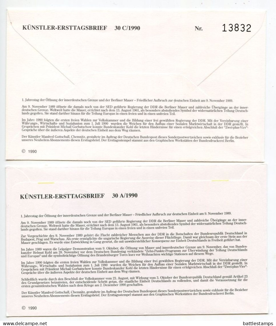 Germany 1990 4 FDCs Scott 1617-1618 Opening Of The Berlin Wall 1st Anniversary, Bonn & Berlin Postmarks - 1981-1990