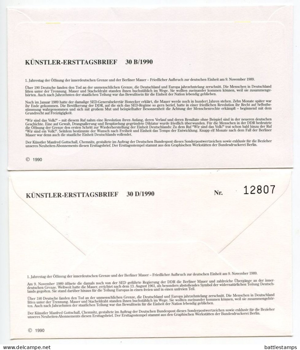 Germany 1990 4 FDCs Scott 1617-1618 Opening Of The Berlin Wall 1st Anniversary, Bonn & Berlin Postmarks - 1981-1990