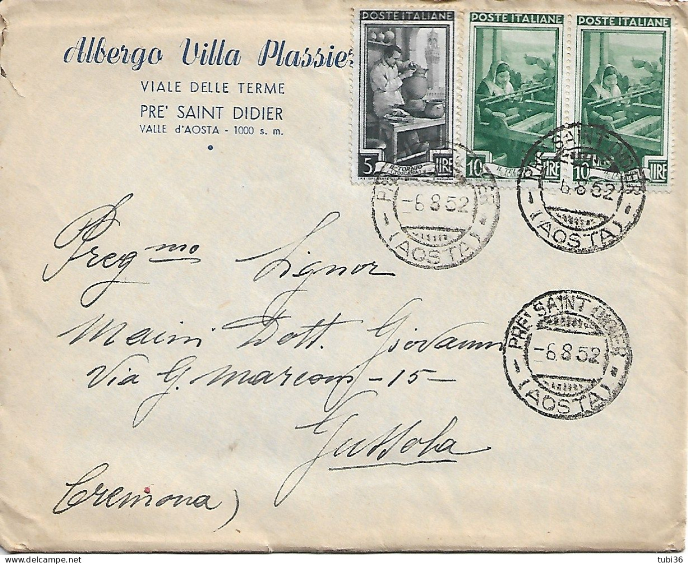 LAVORO (r) £.5+10+10, In Tariffa Lettera 1° Porto,1952,TIMBRO POSTE PRE' SAINT DIDIER (AOSTA) - ALBERGO VILLA PLASSIER - 1946-60: Poststempel