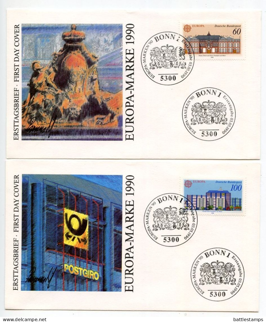Germany, West 1990 2 FDCs Scott 1601-1602 Frankfurt Post Offices - Thurn & Taxis Palace And Modern Giro / Europa - 1981-1990