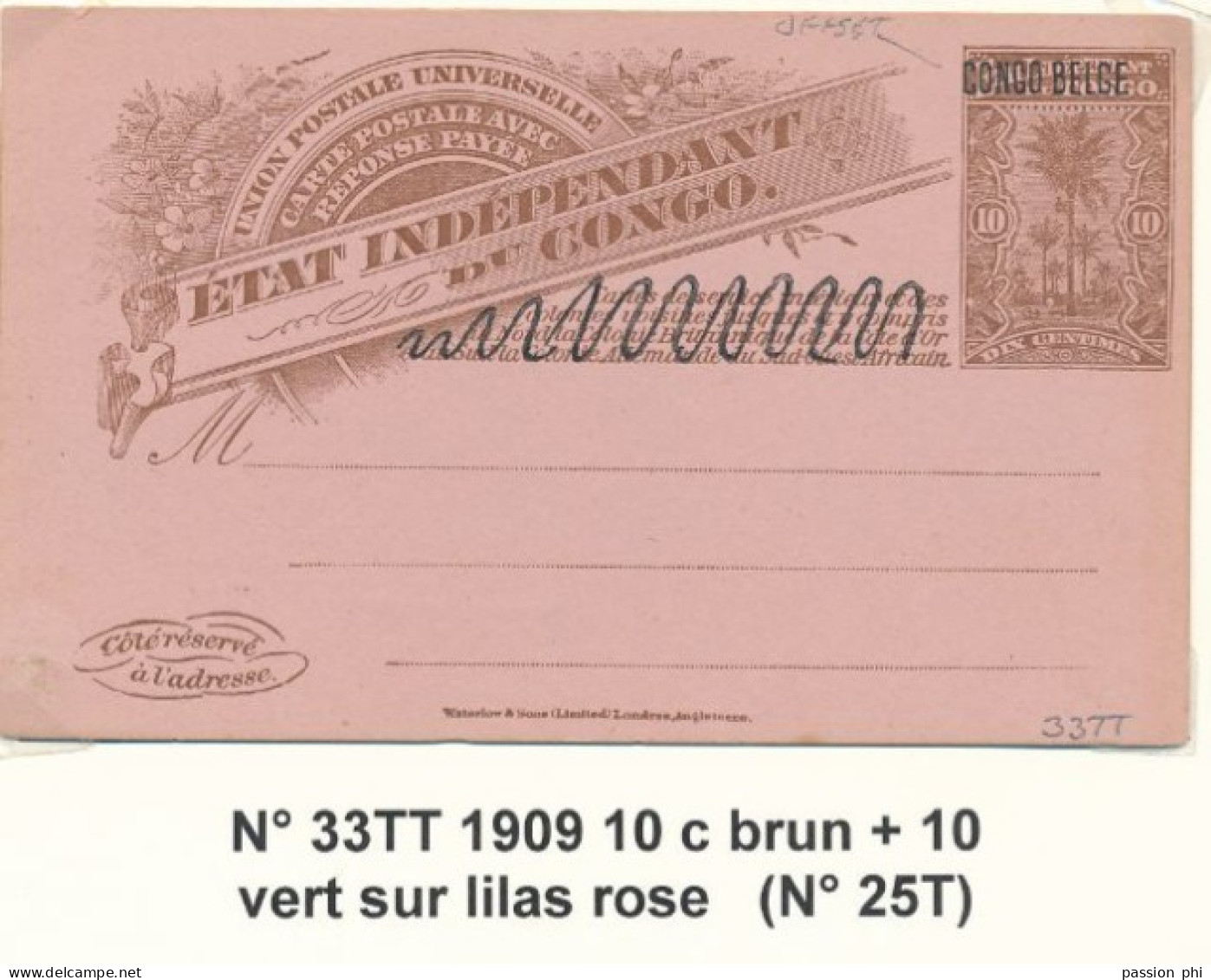ZAC BELGIAN CONGO SBEP 33TT UNUSED LITTLE MISPLACED OVERPRINT - Stamped Stationery