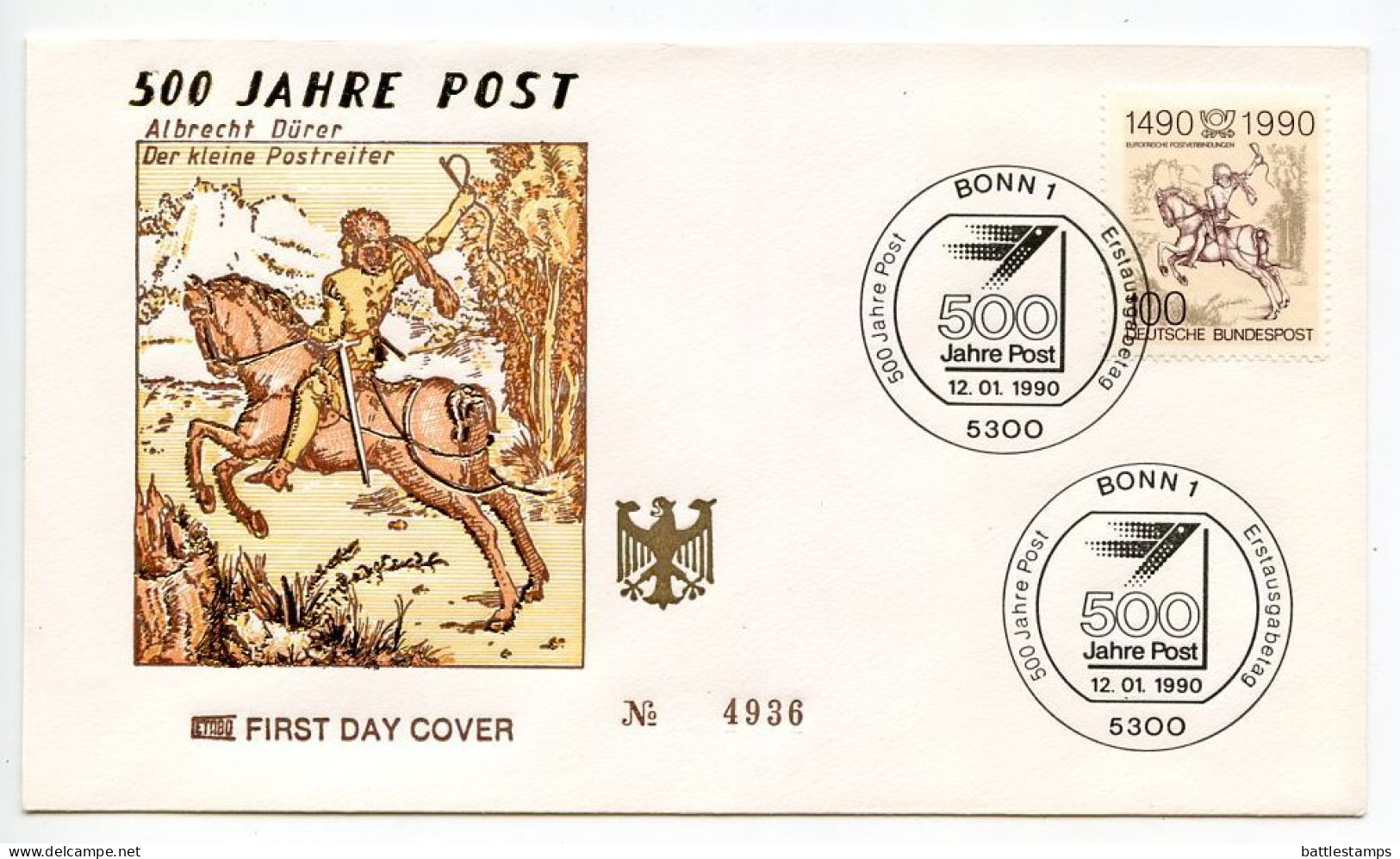 Germany, West 1990 FDC Scott 1592 European Postal Communications 500th Anniversary, Albrecht Dürer Illustration - 1981-1990