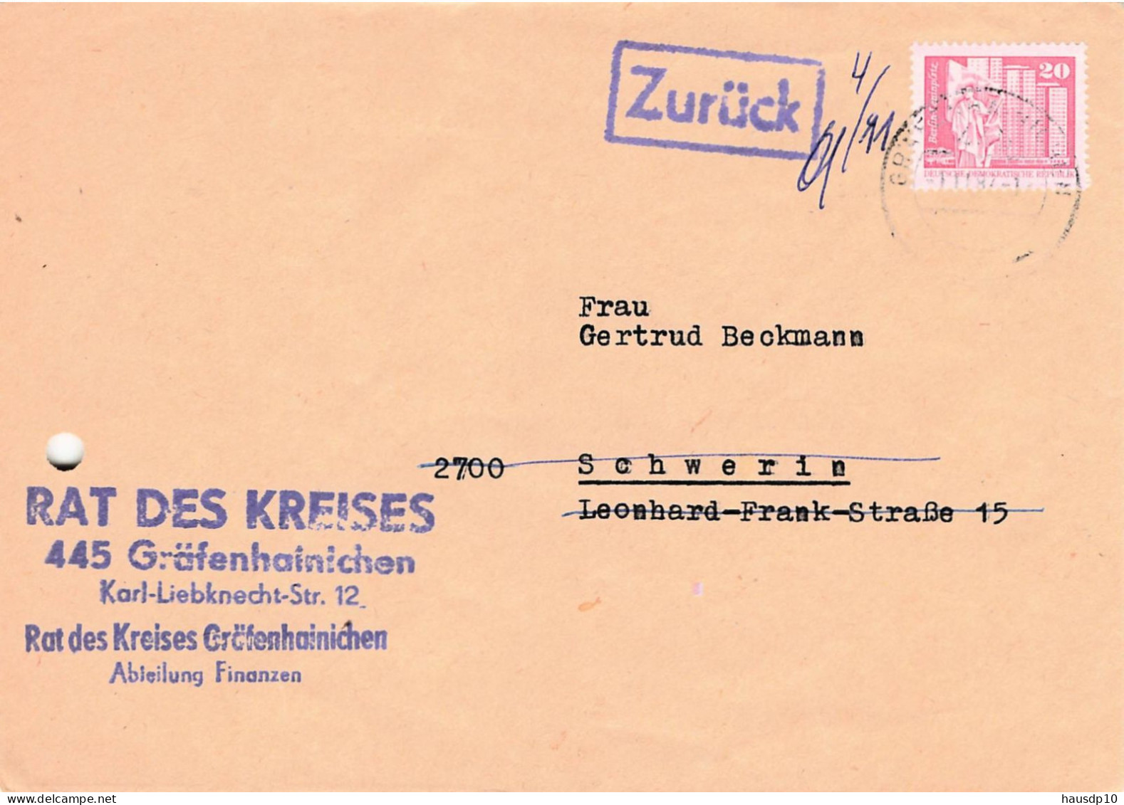 DDR Brief 1982 Rat Des Kreises Gräfenhanichen + Zurück Vermerk - Briefe U. Dokumente