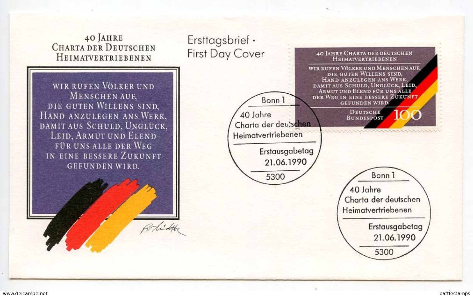 Germany, West 1990 FDC Scott 1608 Charter Of German Expellees 40th Anniversary - 1981-1990