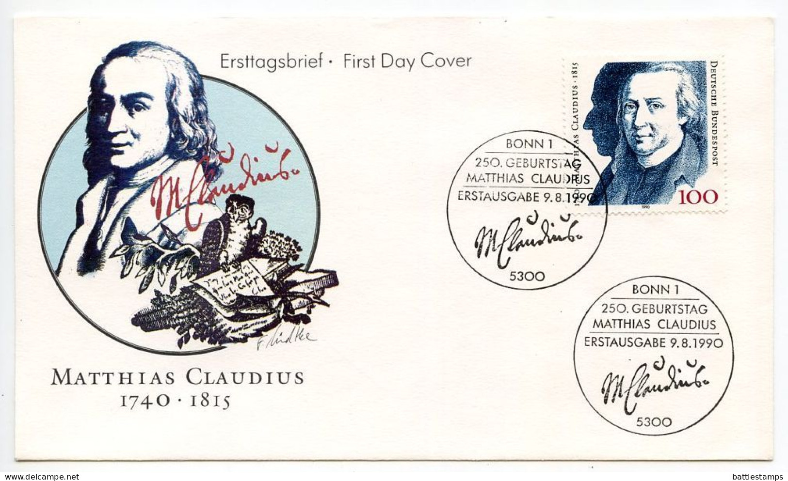 Germany, West 1990 FDC Scott 1611 Matthias Claudius, Writer - 1981-1990