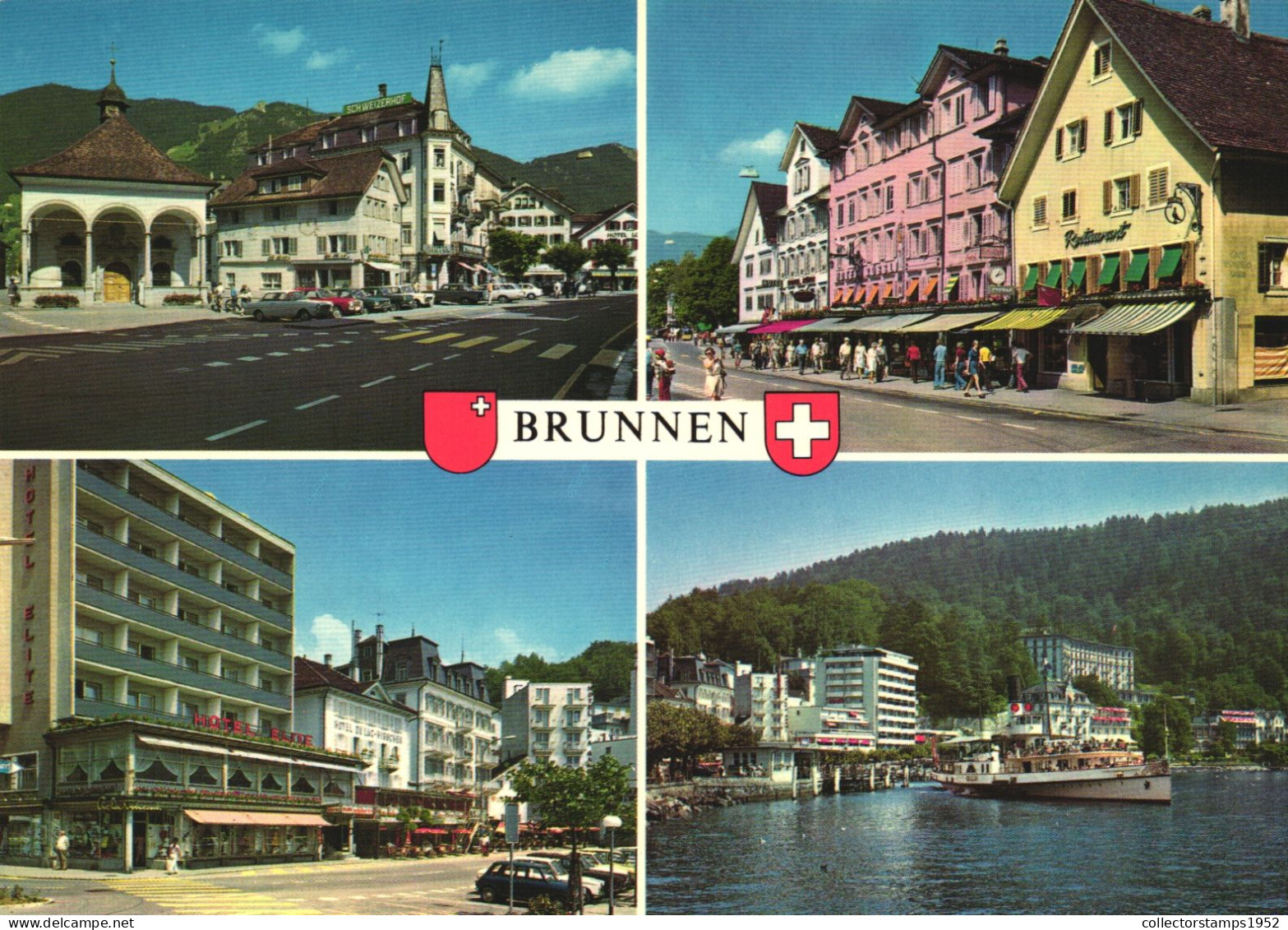 BRUNNEN, MULTIPLE VIEWS, INGENBOHL, SCHWYZ, ARCHITECTURE, CARS, SHIP, EMBLEM, SWITZERLAND, POSTCARD - Ingenbohl