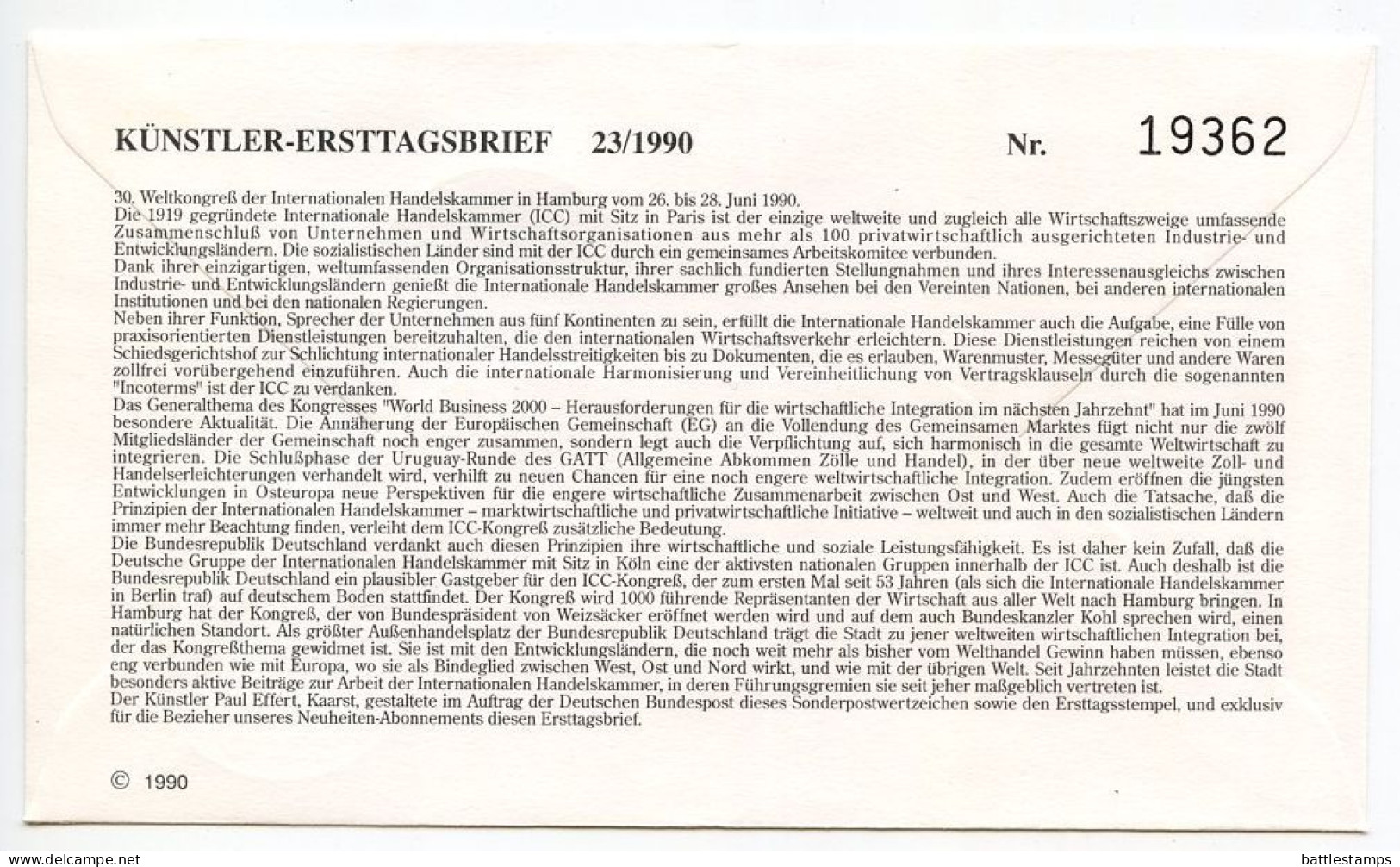 Germany, West 1990 FDC Scott 1609 International Chamber Of Commerce, 30th Universal Congress - 1981-1990