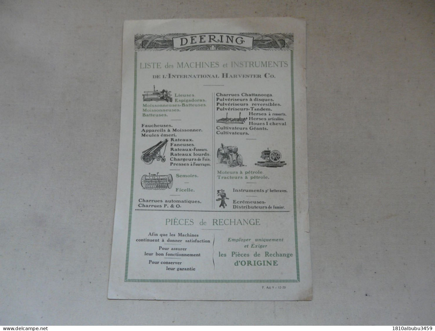 VIEUX PAPIERS - PUBLICITE : MACHINES De RECOLTE Et De FENAISON - DEERING - Advertising