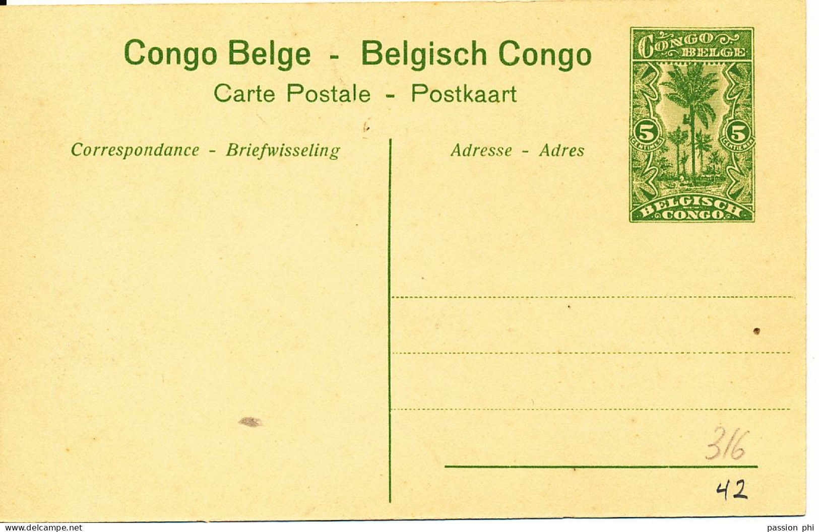 ZAC BELGIAN CONGO PPS SBEP 42 VIEW 44 UNUSED - Enteros Postales