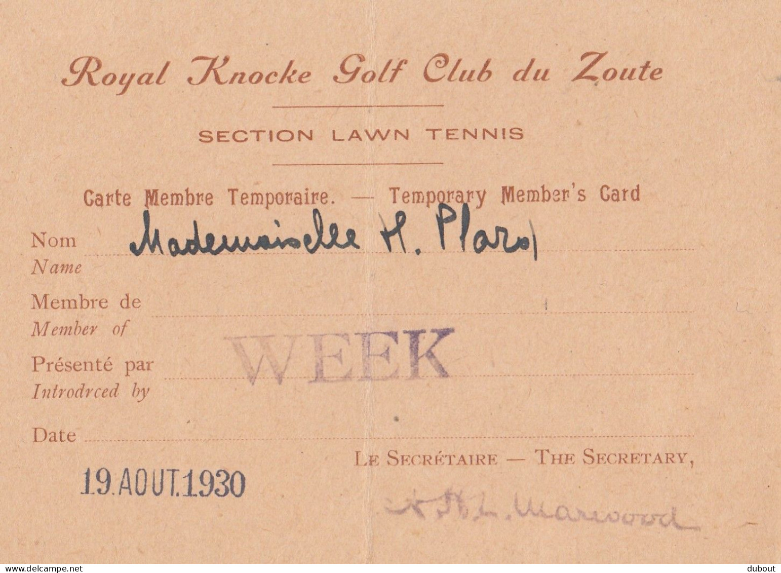 Knokke - Knocke Golf Club Du Zoute 1930 Lidkaart  (W40) - Altri & Non Classificati