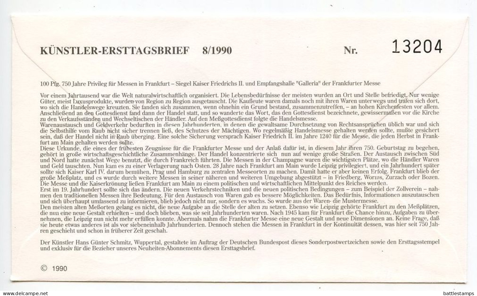 Germany, West 1990 FDC Scott 1596 Seal Of Frederick II & Galleria Reception Hall At The Frankfurt Fair - 1981-1990