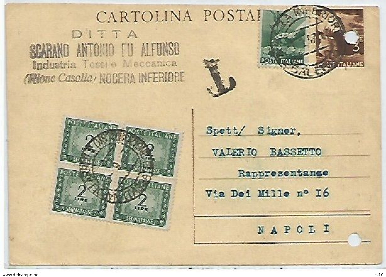 Repubblica 1946 CP Democratica Lire 3 # C130 + Dem. L.1 Nocera Inf.1set47 X Napoli Tassata L.2 In Quartina !!!!! - Portomarken