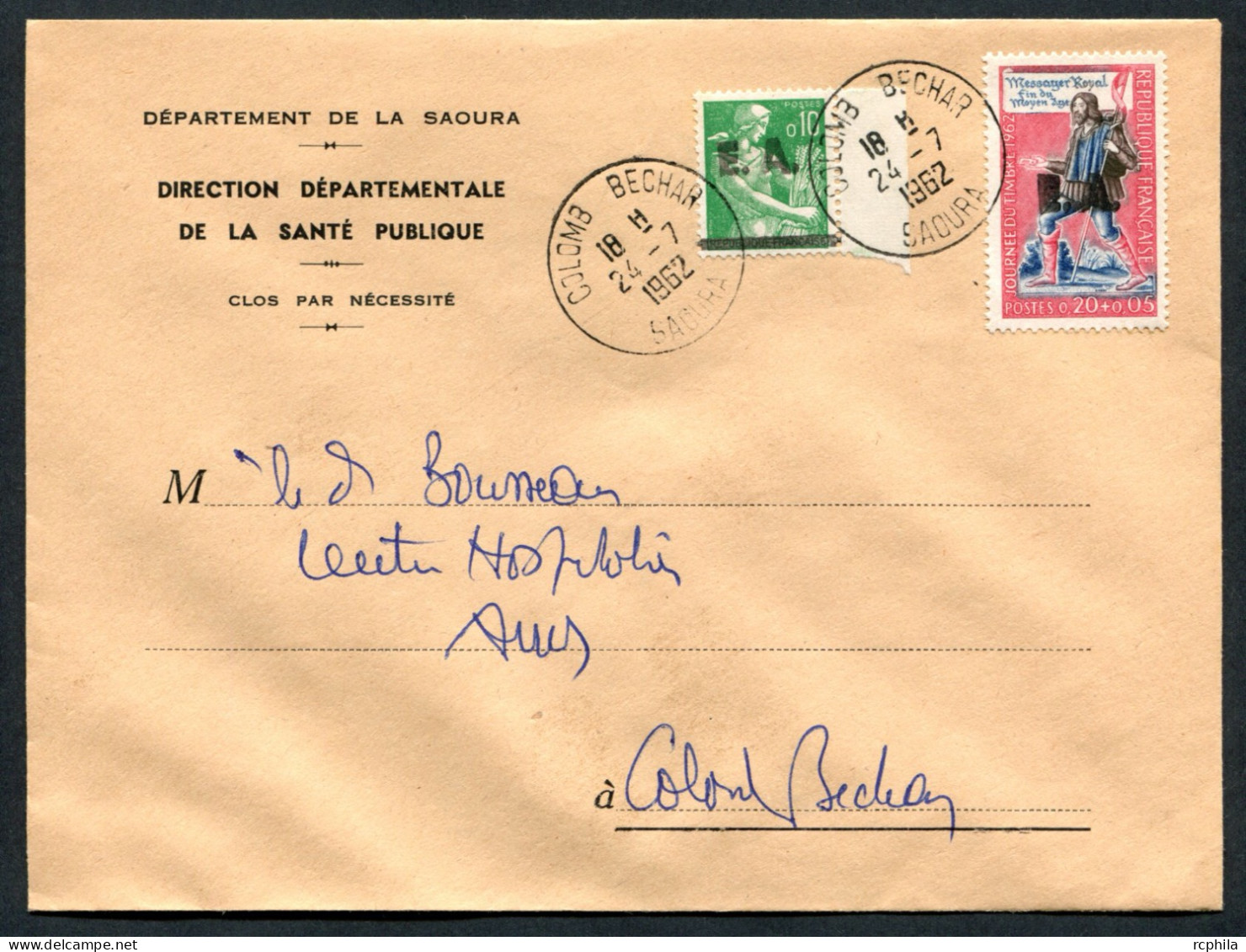 RC 27108 FRANCE ALGERIE 1962 SURCHARGE EA SUR MOISSONNEUSE ET JOURNÉE DU TIMBRE SUR LETTRE DE COLOMB-BECHAR  TB - Covers & Documents