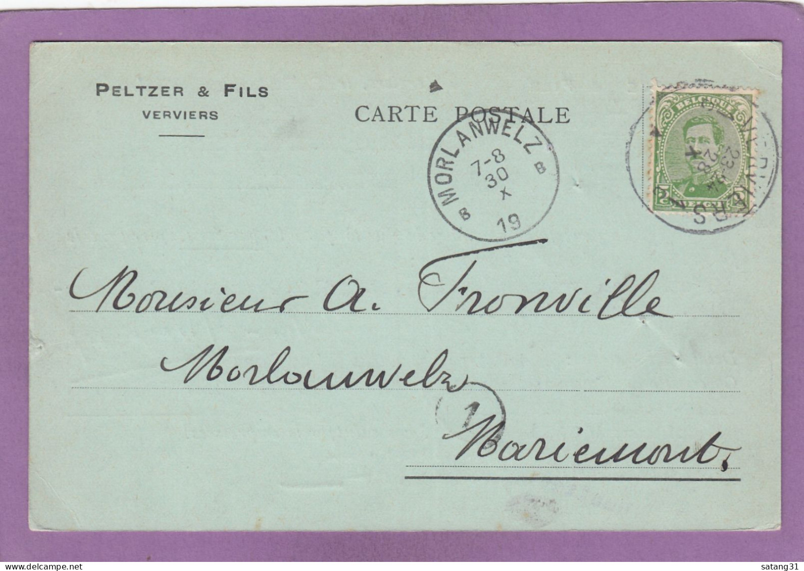 CARTE POSTALE DE VERVIERS POUR MORLANWELZ.1919.CACHET DE FORTUNE. - Cartas & Documentos