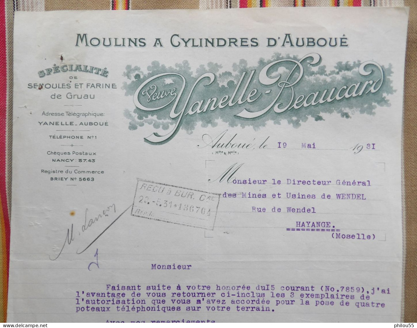 54 AUBOUE Moulins A Cylindres Vve Yanelle Beaucard Pour HAYANGE Usines WENDEL Poteaux Telephoniques - 1900 – 1949