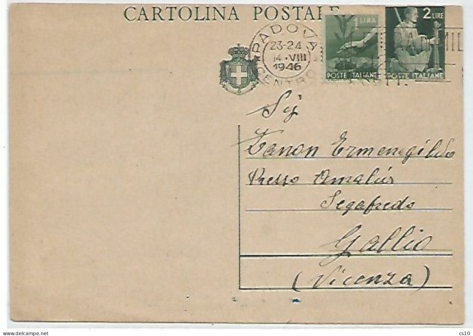 Luogotenenza 1946 CP Democratica Lire 2 # C129A Grigio + Dem. L.1 Padova 14ago1946 - Varietà Taglio Spostato - Entiers Postaux